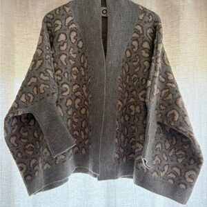 Gray Leopard-Print Open Shawl Cardigan Sweater